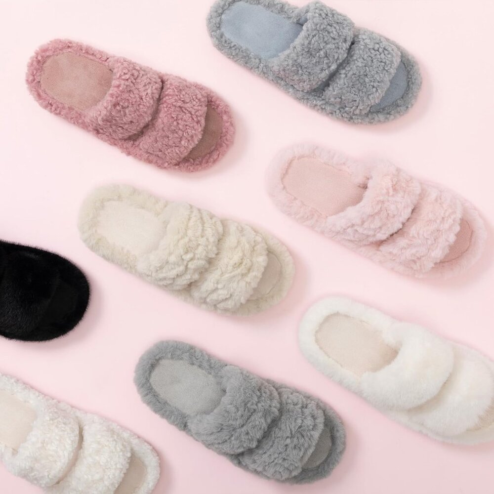 Women’s Gray Pluffie Arch Memory Foam Cozy Faux Fur Open Toe Slippers Shoes - Picture 6 of 6